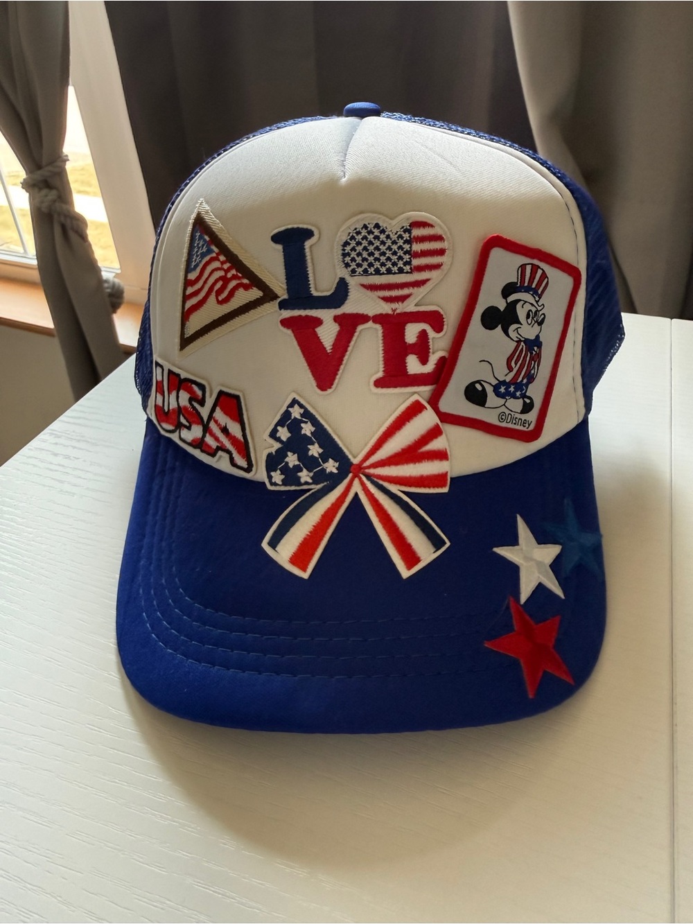 Patriotic LOVE Patch Trucker Hat with Mickey Stars Stripes USA OS